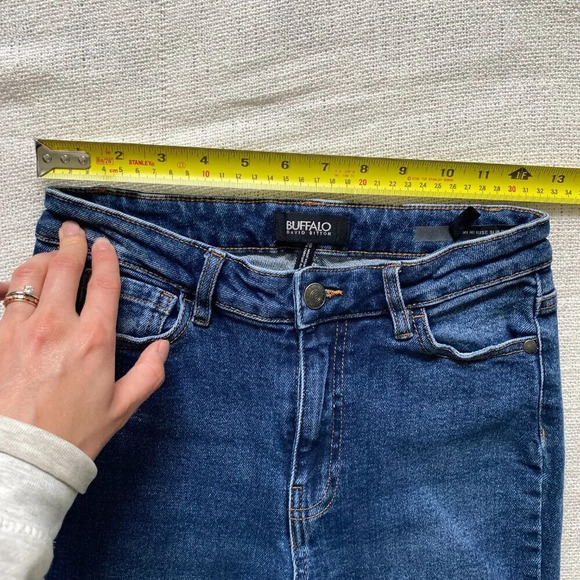 BUFFALO David Bitton Semi High Rise Slim Straight Dark Wash Distressed Hem Jeans - Picture 9 of 13